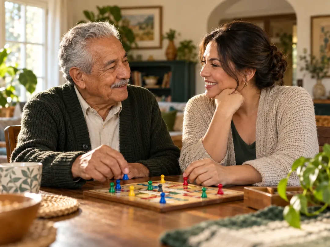 An older man and his caregiver share a board game at the dining table.