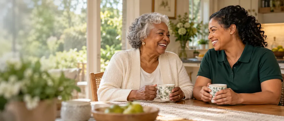 A caregiver and an older woman laugh together over tea at a sunlit kitchen table.