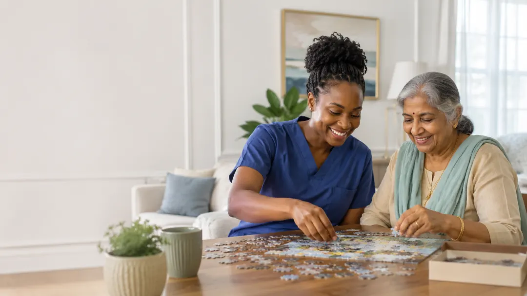 A caregiver and an older woman work a jigsaw puzzle together at a living-room table.