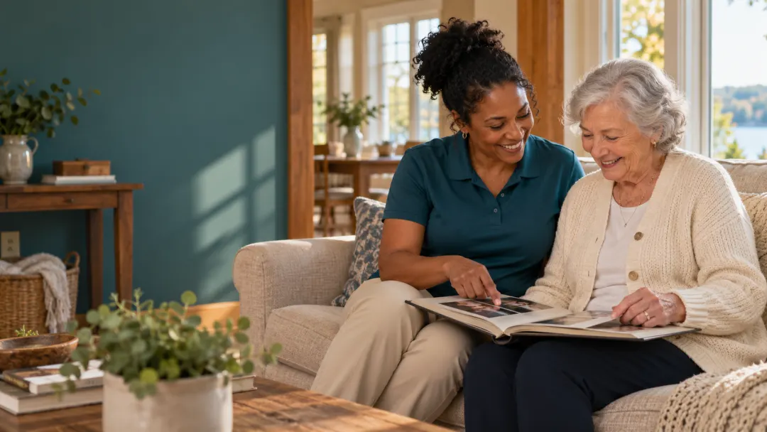 A caregiver and an older woman share a photo album on a sunlit sofa.