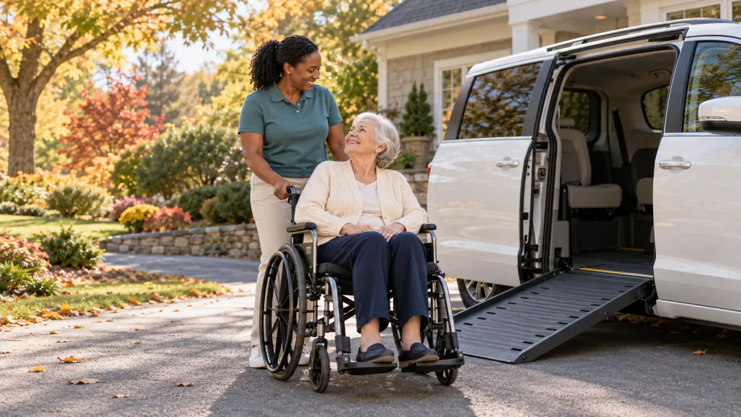 A caregiver and an older woman smile together beside an accessible van on an autumn driveway.